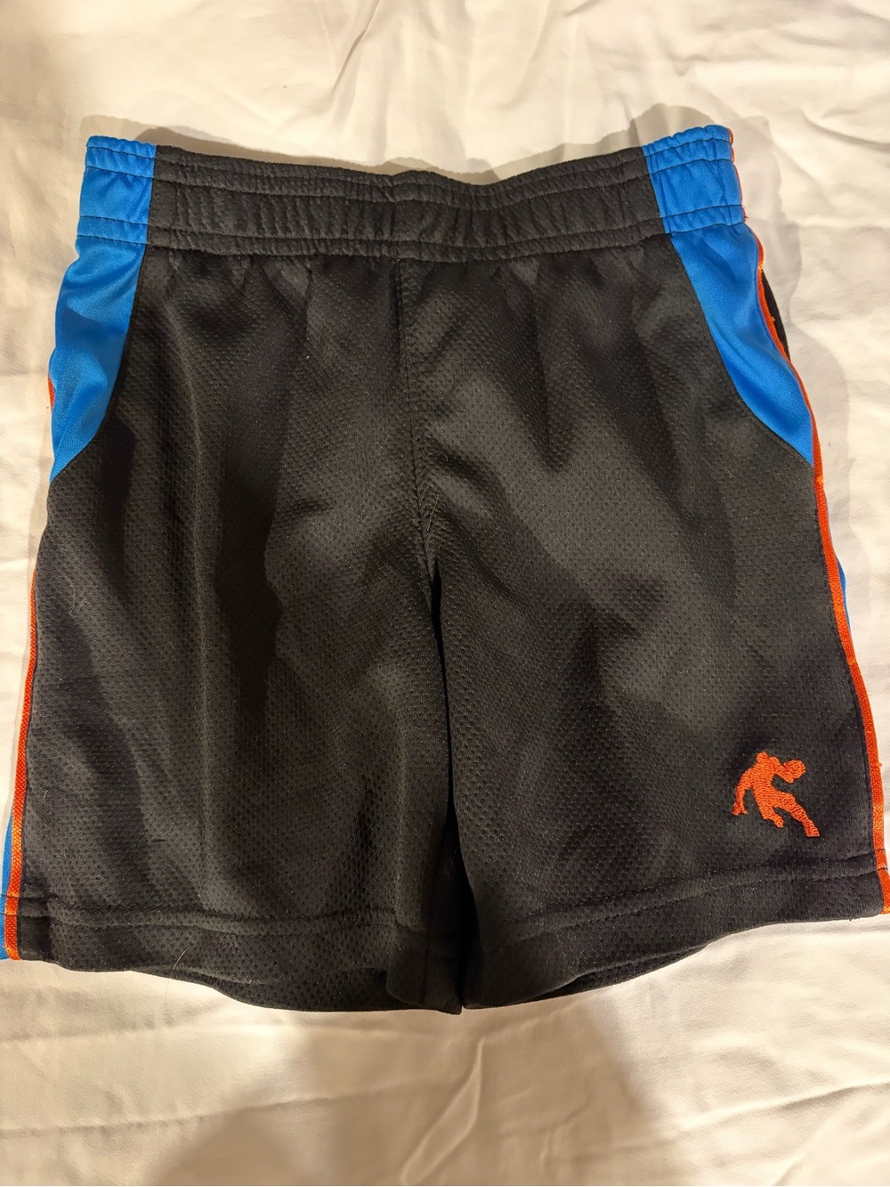 Black Athletic Mesh Shorts with Blue Accents and Orange Logo